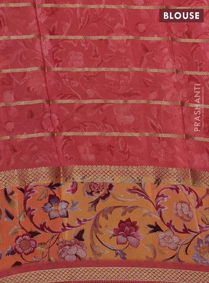 Art chiffon saree dark peach and orange with allover zari stripe pattern and zari woven printed borded
