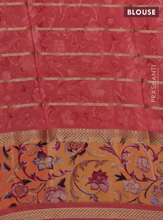 Art chiffon saree dark peach and orange with allover zari stripe pattern and zari woven printed borded