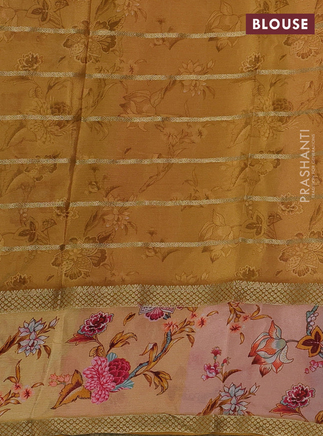 Art chiffon saree mustard yellow and pastel peach with allover zari stripe pattern and zari woven printed borded