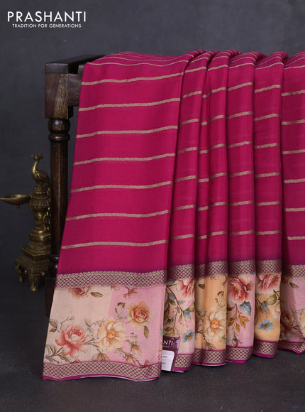 Art chiffon saree dark pink and pale orange with allover zari stripe pattern and zari woven printed borded