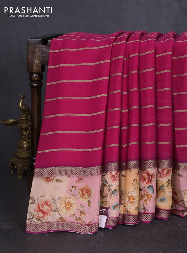 Art chiffon saree dark pink and pale orange with allover zari stripe pattern and zari woven printed borded