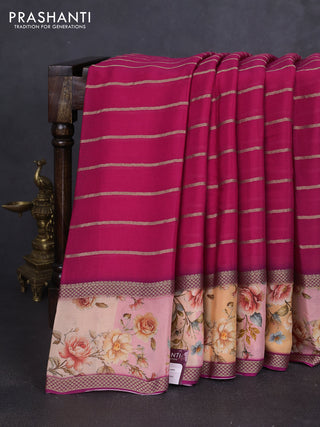 Art chiffon saree dark pink and pale orange with allover zari stripe pattern and zari woven printed borded