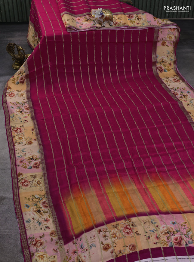 Art chiffon saree dark pink and pale orange with allover zari stripe pattern and zari woven printed borded
