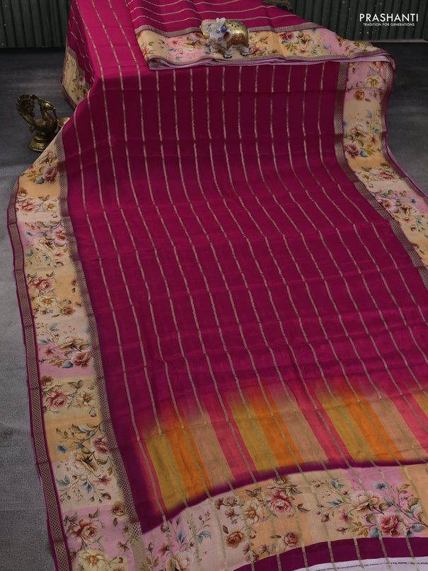 Art chiffon saree dark pink and pale orange with allover zari stripe pattern and zari woven printed borded