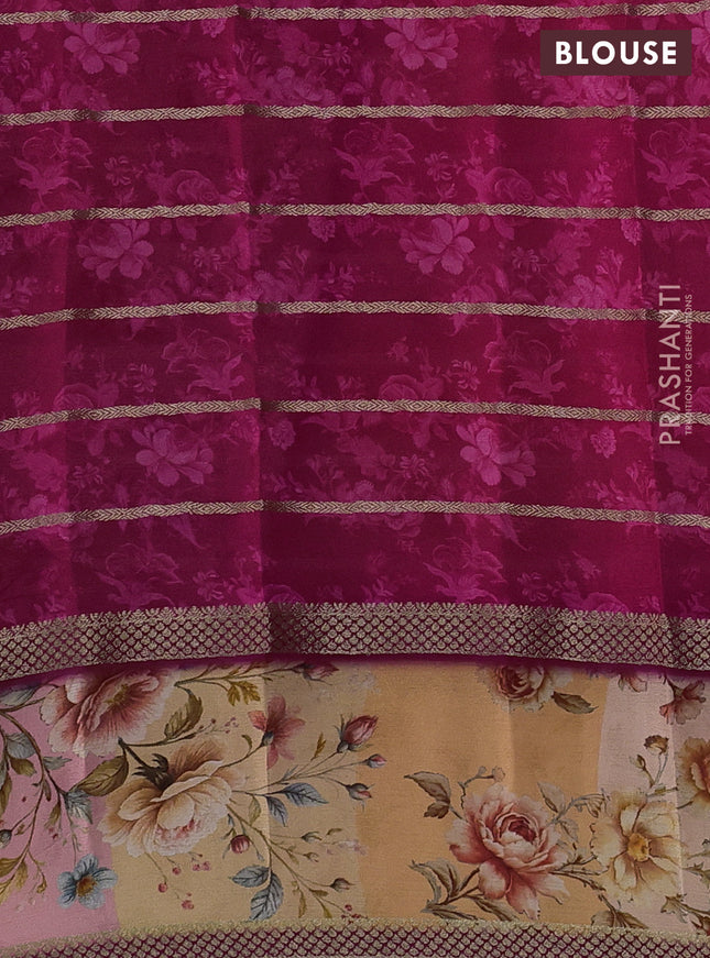 Art chiffon saree dark pink and pale orange with allover zari stripe pattern and zari woven printed borded