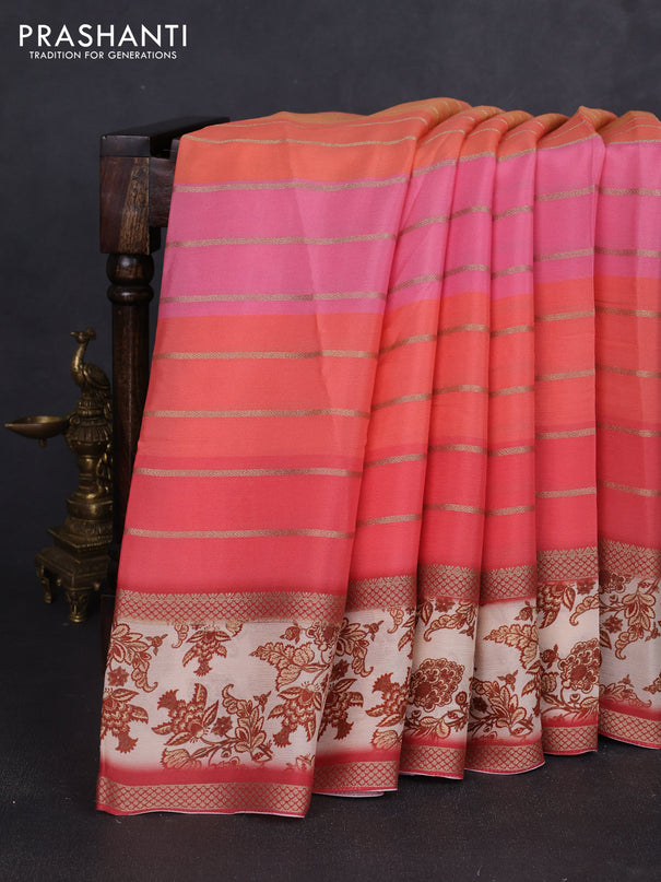Art chiffon saree multi colour and peach cream with allover zari stripe pattern and zari woven printed borded