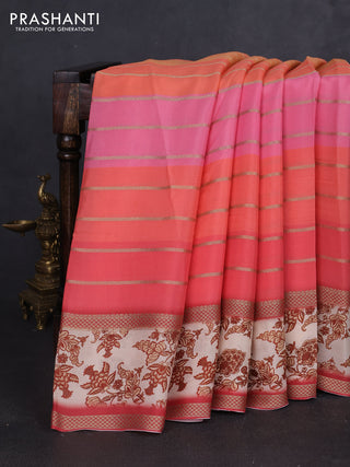 Art chiffon saree multi colour and peach cream with allover zari stripe pattern and zari woven printed borded