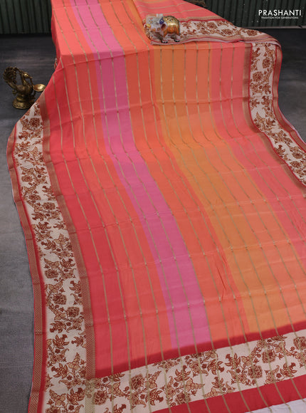 Art chiffon saree multi colour and peach cream with allover zari stripe pattern and zari woven printed borded
