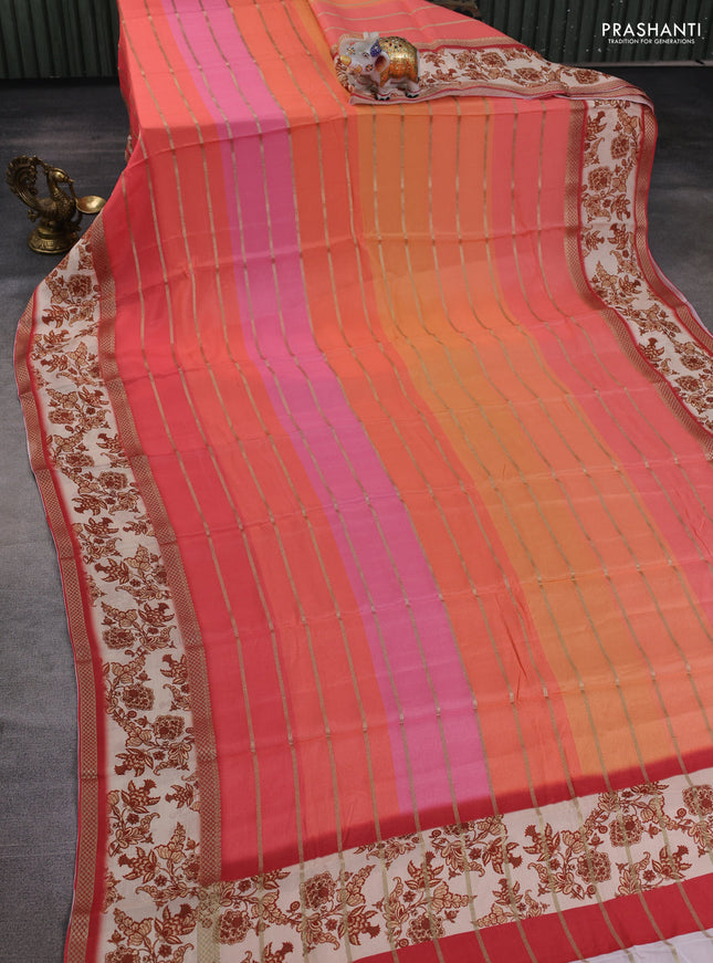 Art chiffon saree multi colour and peach cream with allover zari stripe pattern and zari woven printed borded