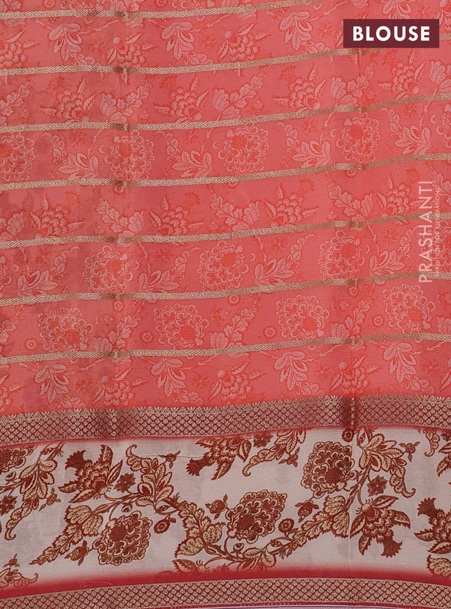 Art chiffon saree multi colour and peach cream with allover zari stripe pattern and zari woven printed borded