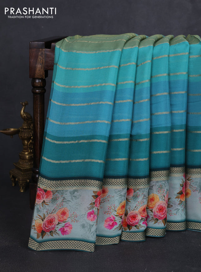 Art chiffon saree multi colour and teal green with allover zari stripe pattern and zari woven printed borded