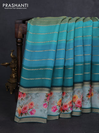 Art chiffon saree multi colour and teal green with allover zari stripe pattern and zari woven printed borded