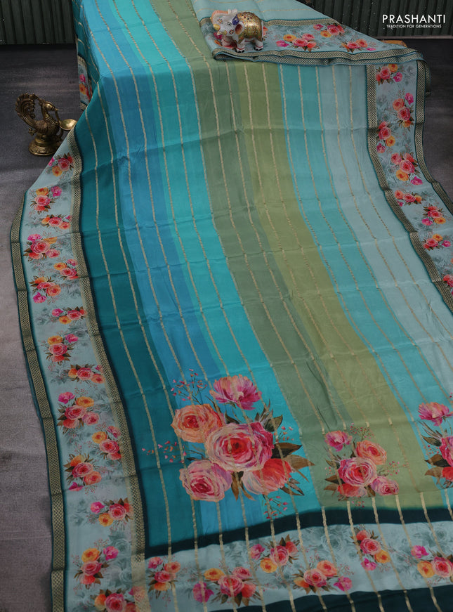 Art chiffon saree multi colour and teal green with allover zari stripe pattern and zari woven printed borded