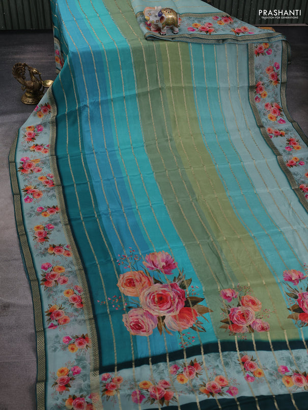 Art chiffon saree multi colour and teal green with allover zari stripe pattern and zari woven printed borded