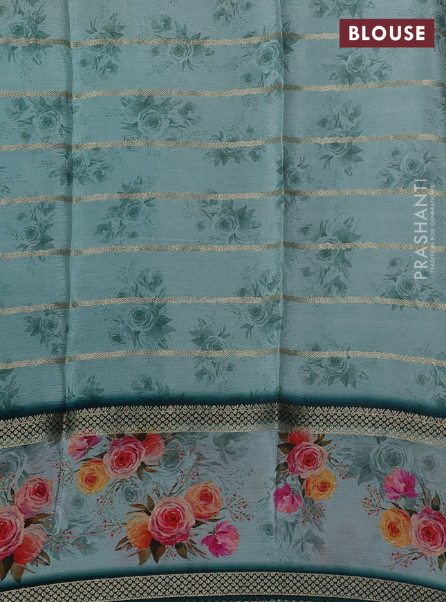 Art chiffon saree multi colour and teal green with allover zari stripe pattern and zari woven printed borded