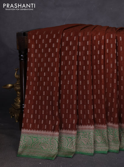 Banarasi semi georegette saree brown and green with allover thread & zari woven buttas and zari woven border