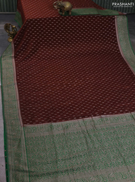 Banarasi semi georegette saree brown and green with allover thread & zari woven buttas and zari woven border