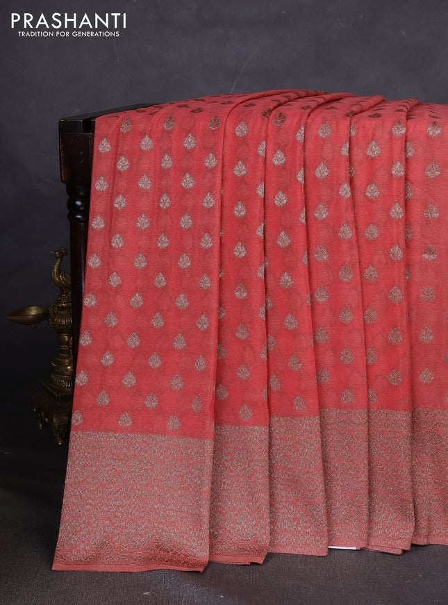 Banarasi semi georegette saree dark peach with allover thread & zari woven buttas and zari woven border