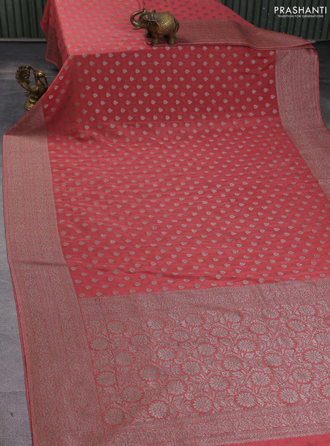 Banarasi semi georegette saree dark peach with allover thread & zari woven buttas and zari woven border