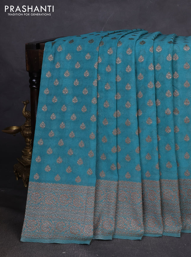 Banarasi semi georegette saree teal blue with allover thread & zari woven buttas and zari woven border