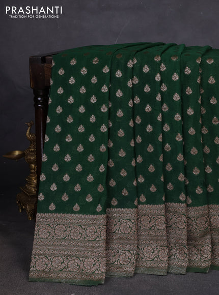 Banarasi semi georegette saree bottle green with allover thread & zari woven buttas and zari woven border