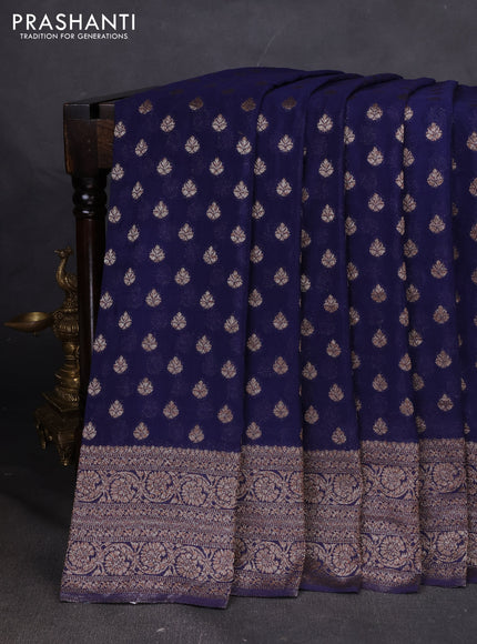 Banarasi semi georegette saree navy blue with allover thread & zari woven buttas and zari woven border