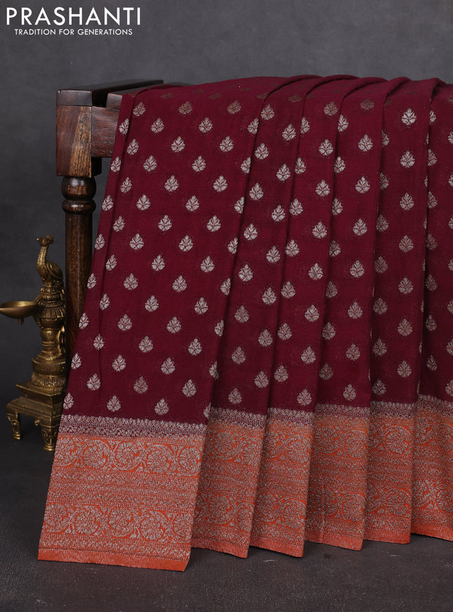 Banarasi semi georegette saree purple and orange with allover thread & zari woven buttas and zari woven border