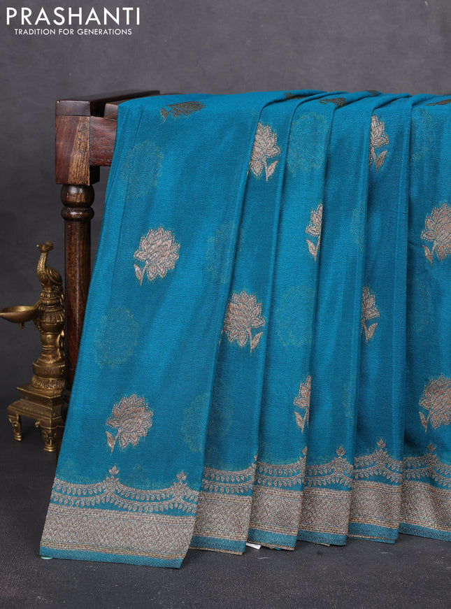 Banarasi semi georegette saree peacock blue with allover thread & zari woven buttas and zari woven border