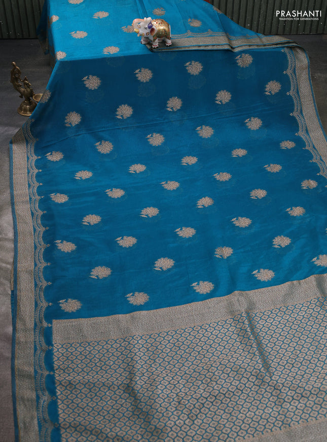 Banarasi semi georegette saree peacock blue with allover thread & zari woven buttas and zari woven border