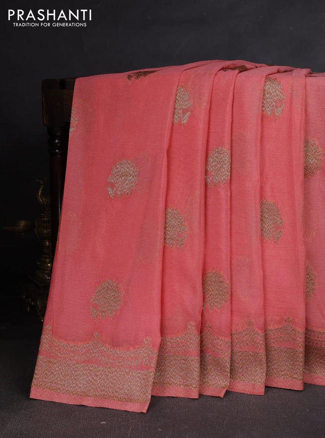 Banarasi semi georegette saree dark peach with allover thread & zari woven buttas and zari woven border