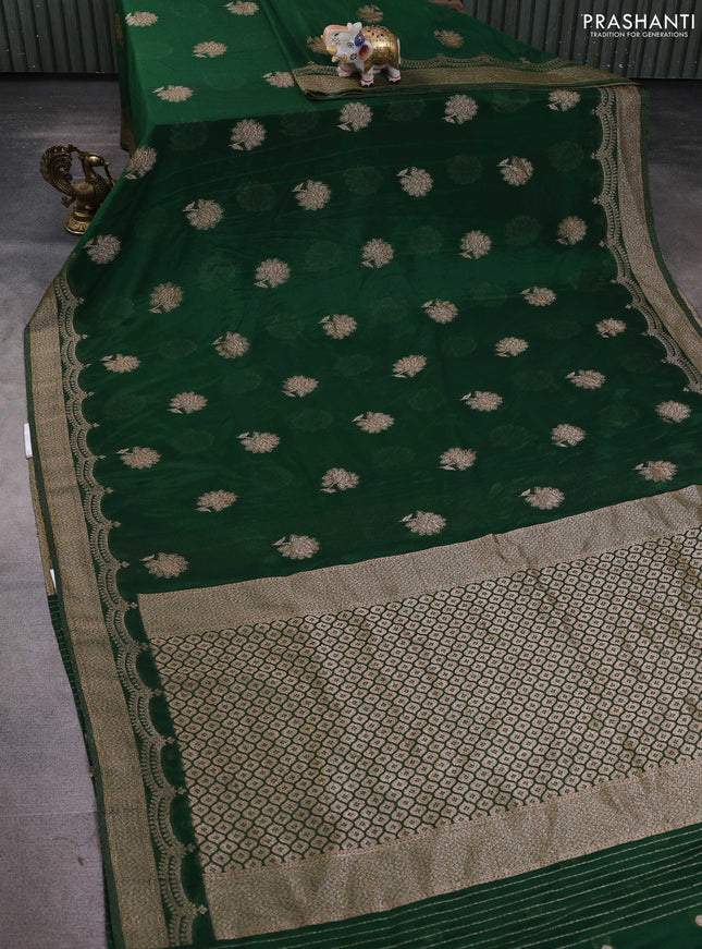 Banarasi semi georegette saree bottle green with allover thread & zari woven buttas and zari woven border