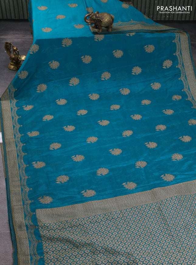 Banarasi semi georegette saree peacock green with allover thread & zari woven buttas and zari woven border