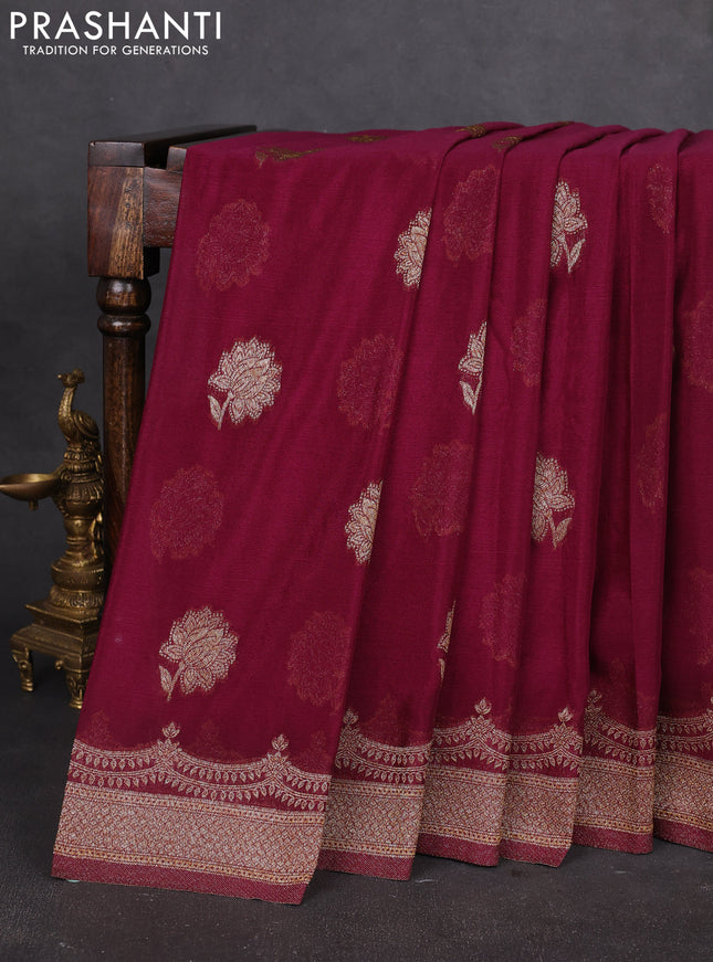 Banarasi semi georegette saree wine shade with allover thread & zari woven buttas and zari woven border