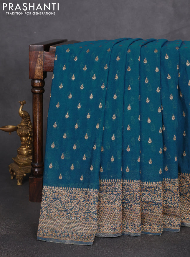 Banarasi semi georegette saree peacock blue with allover thread & zari woven buttas and zari woven border