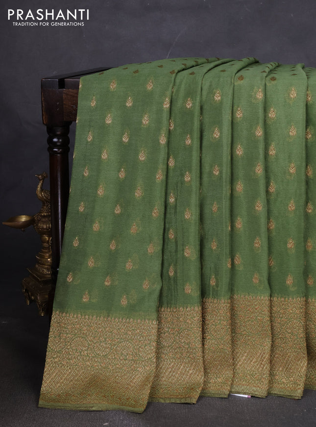 Banarasi semi georegette saree green shade with allover thread & zari woven buttas and zari woven border