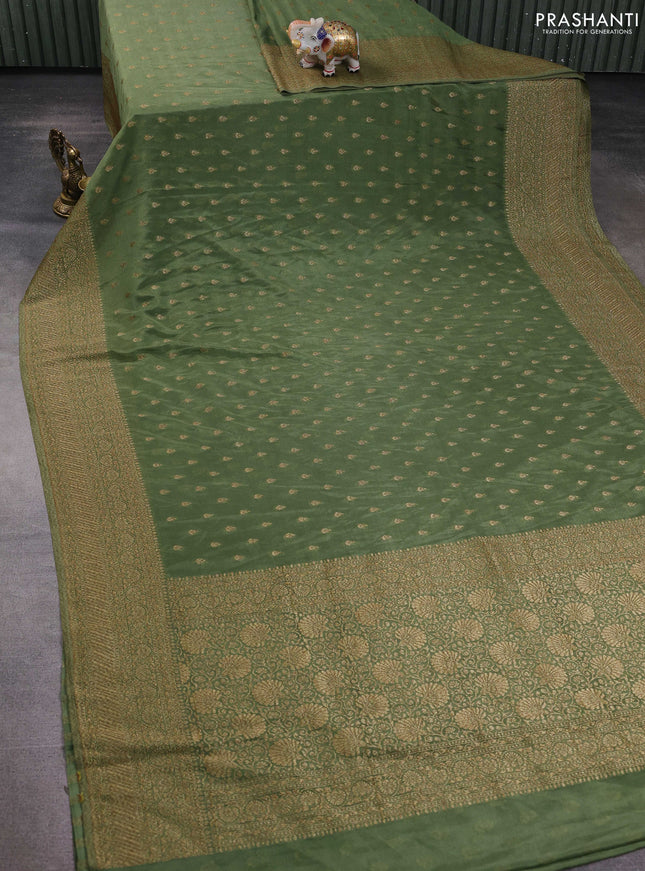 Banarasi semi georegette saree green shade with allover thread & zari woven buttas and zari woven border