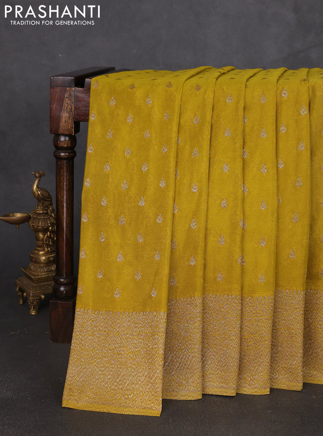 Banarasi semi georegette saree lime green with allover thread & zari woven buttas and zari woven border
