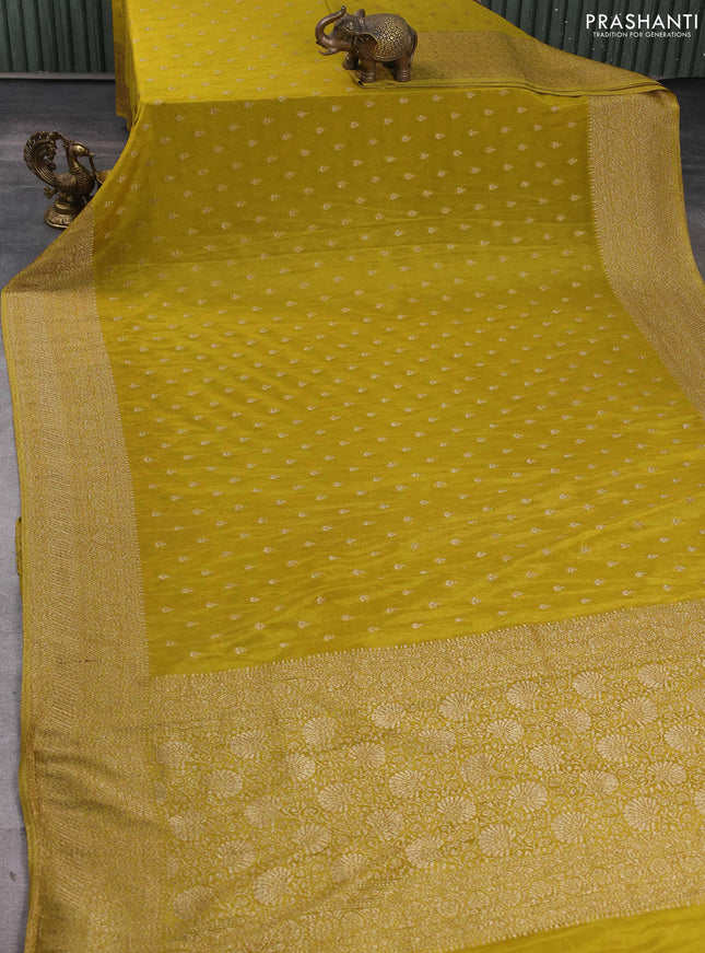 Banarasi semi georegette saree lime green with allover thread & zari woven buttas and zari woven border