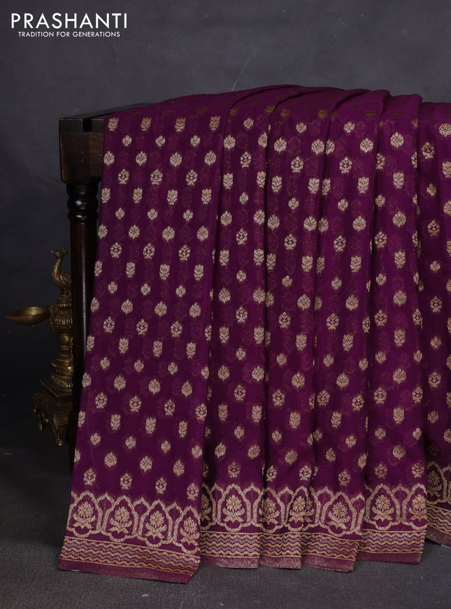 Banarasi semi georegette saree purple with allover thread & zari woven buttas and zari woven border