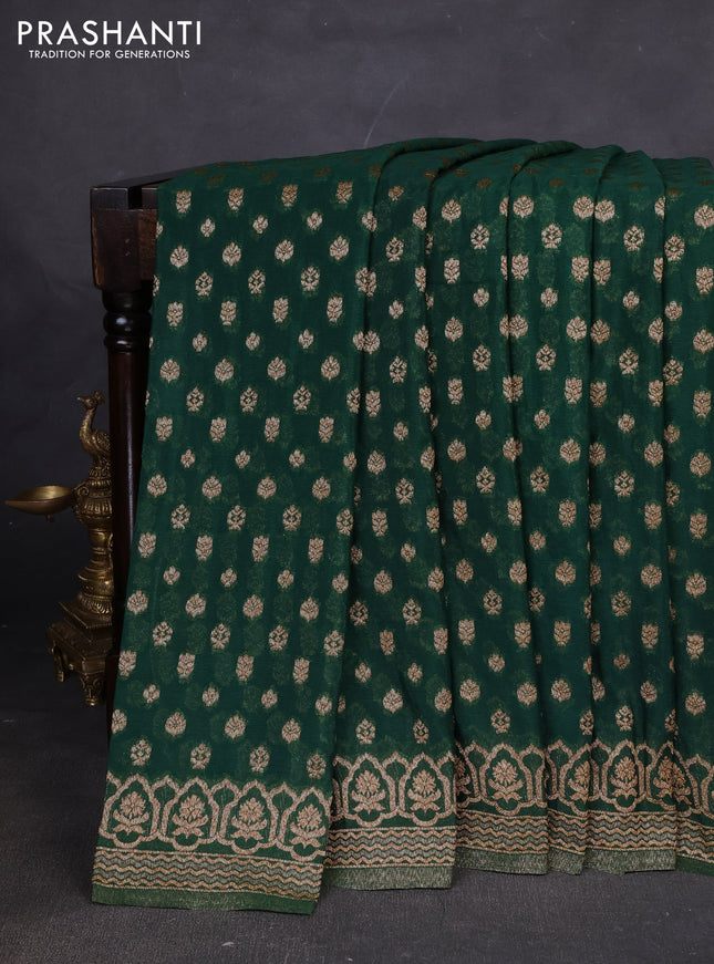 Banarasi semi georegette saree bottle green with allover thread & zari woven buttas and zari woven border