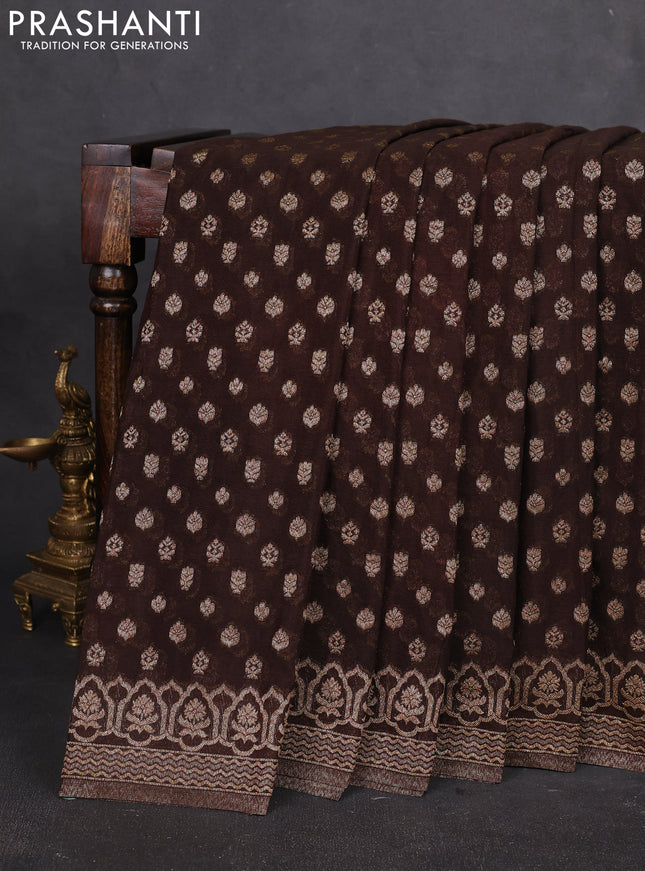 Banarasi semi georegette saree brown with allover thread & zari woven buttas and zari woven border