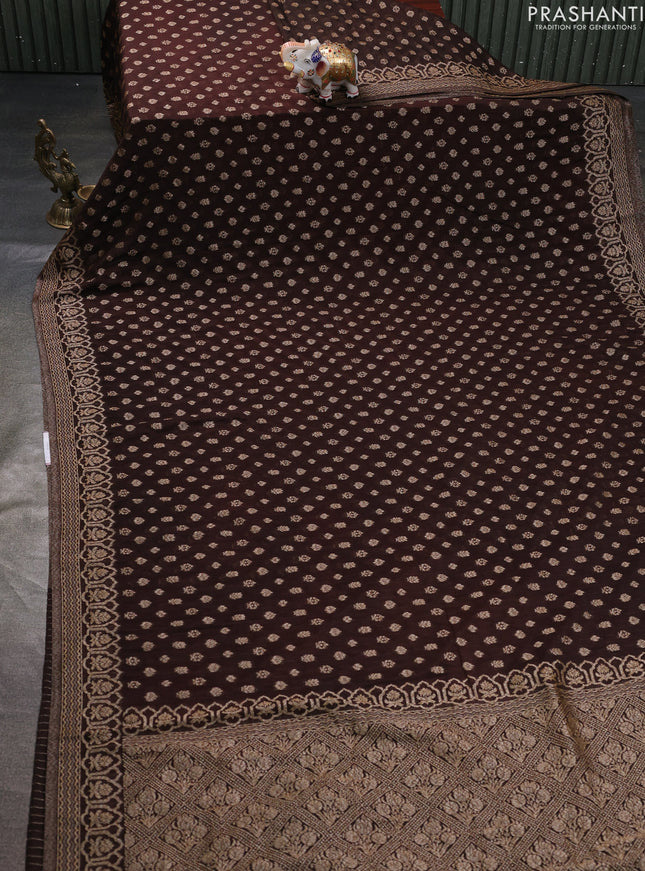 Banarasi semi georegette saree brown with allover thread & zari woven buttas and zari woven border