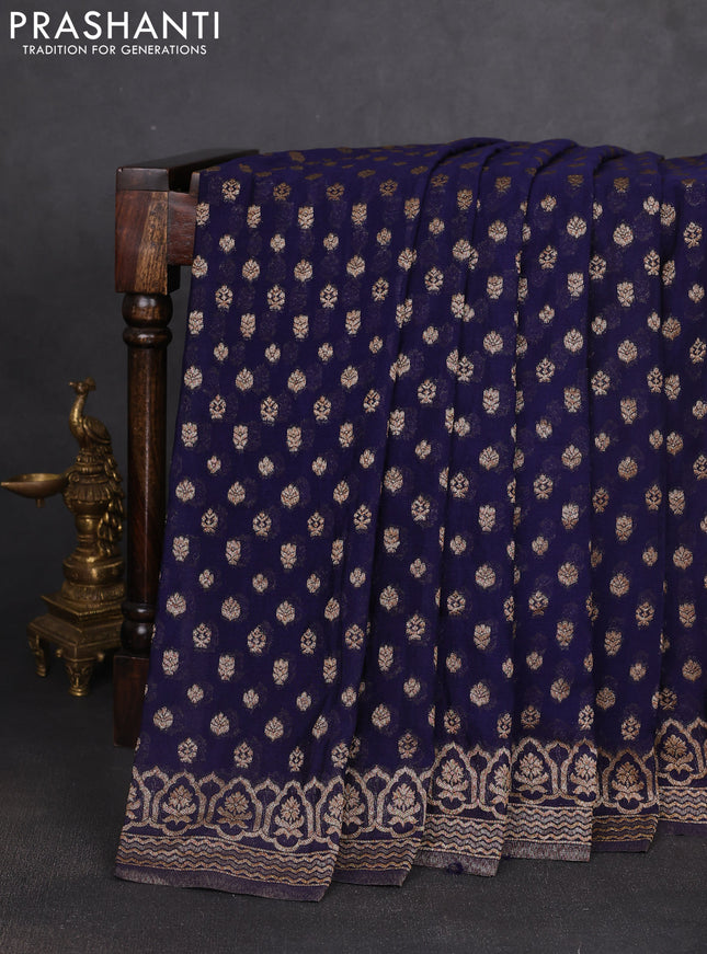 Banarasi semi georegette saree navy blue with allover thread & zari woven buttas and zari woven border