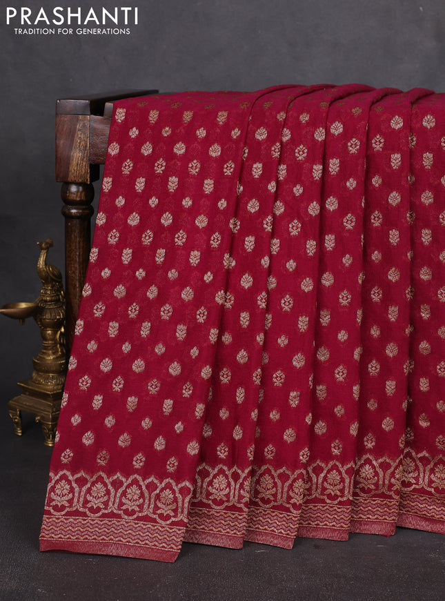 Banarasi semi georegette saree wine shade with allover thread & zari woven buttas and zari woven border