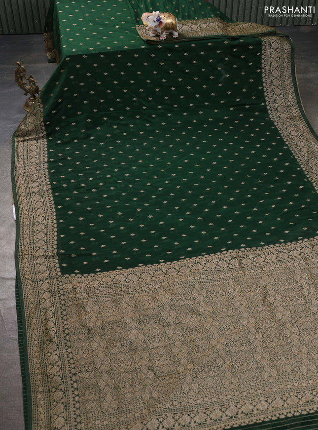 Banarasi semi georegette saree bottle green with allover thread & zari woven buttas and zari woven border
