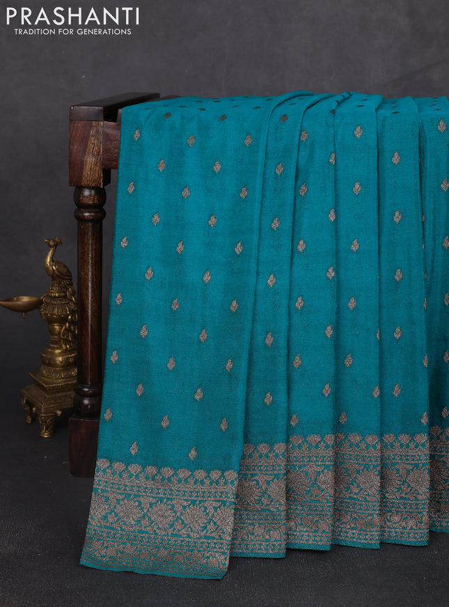 Banarasi semi georegette saree peacock green with allover thread & zari woven buttas and zari woven border