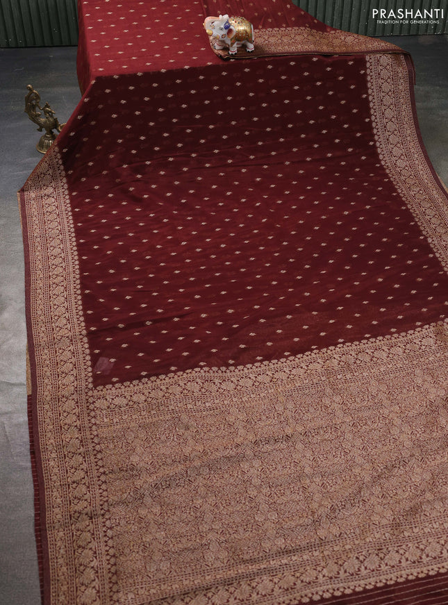 Banarasi semi georegette saree coffee brown with allover thread & zari woven buttas and zari woven border