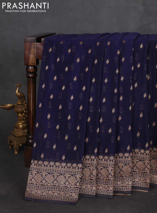 Banarasi semi georegette saree navy blue with allover thread & zari woven buttas and zari woven border