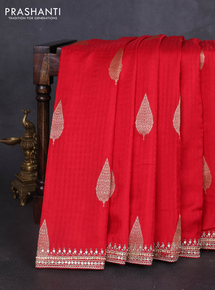 Banarasi silk saree red with allover self emboss checks & zari buttas and gotapatti embroidery border