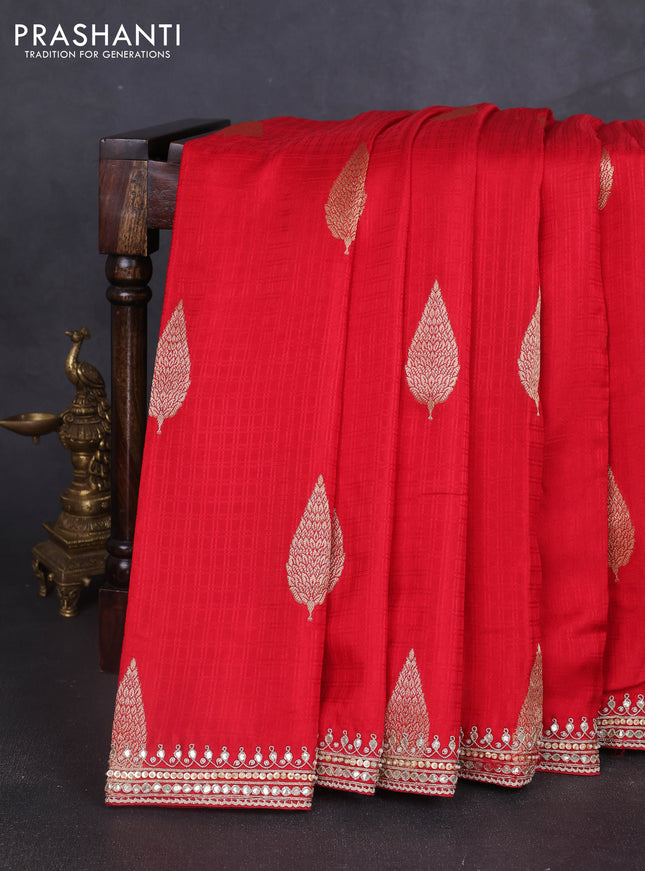 Banarasi silk saree red with allover self emboss checks & zari buttas and gotapatti embroidery border